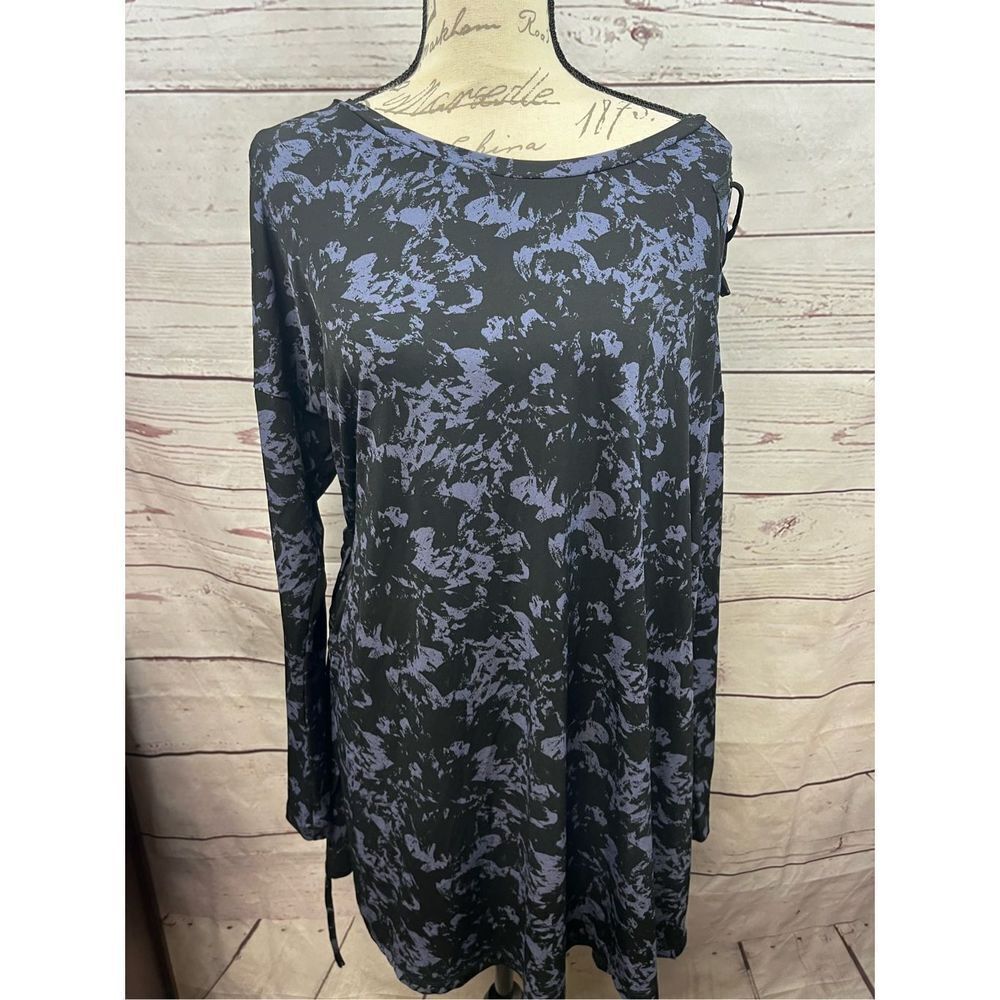 Livi Active Womens Black Purple Marble Lace Up Back Long Sleeve Tunic Top 14/16